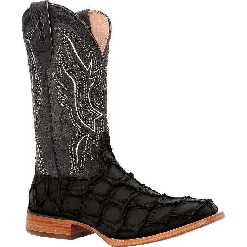 Durango|Premium Exotics Matte Black Pirarucu Western Boot-Cedar Bark And Monarch Orange