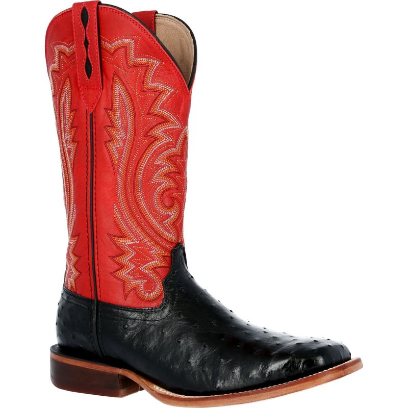 Durango|Premium Exotics Fiery Red Full-Quill Ostrich Western Boot-Black Ostrich And Fiery Red