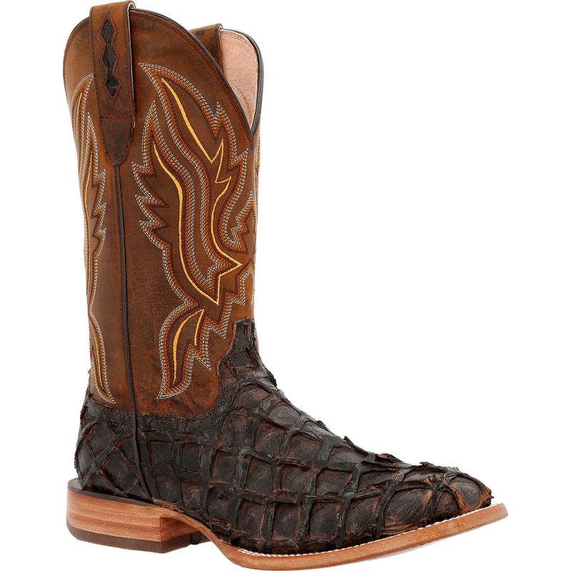 Durango|Premium Exotics Dark Brown Pirarucu Western Boot-Tan Elephant Print/Bone